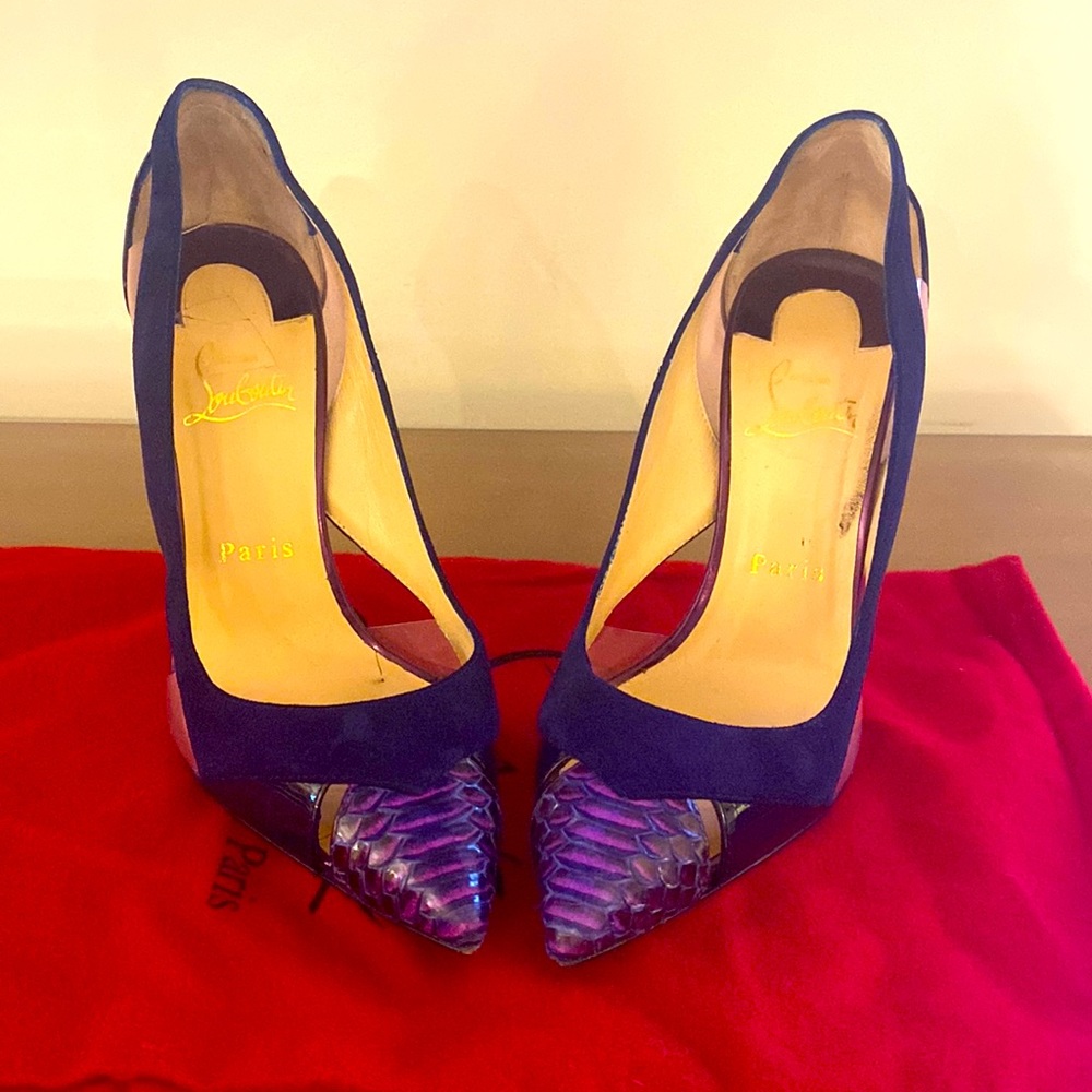 Christian Louboutin Eclipse Blue Purple New Galata 100 Mm Cutout Snakeskin Suede